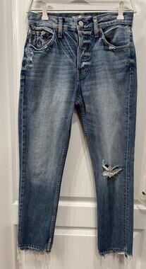 TRAVE Constance Straight Tapered Button Fly Distressed Fray Jeans Blue Size 26